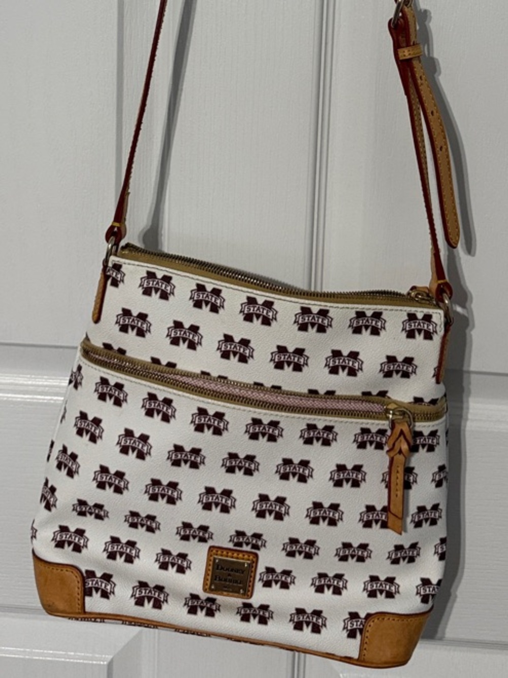 Dooney & Bourke White Crossbody with Brown Trim and Logo Pattern